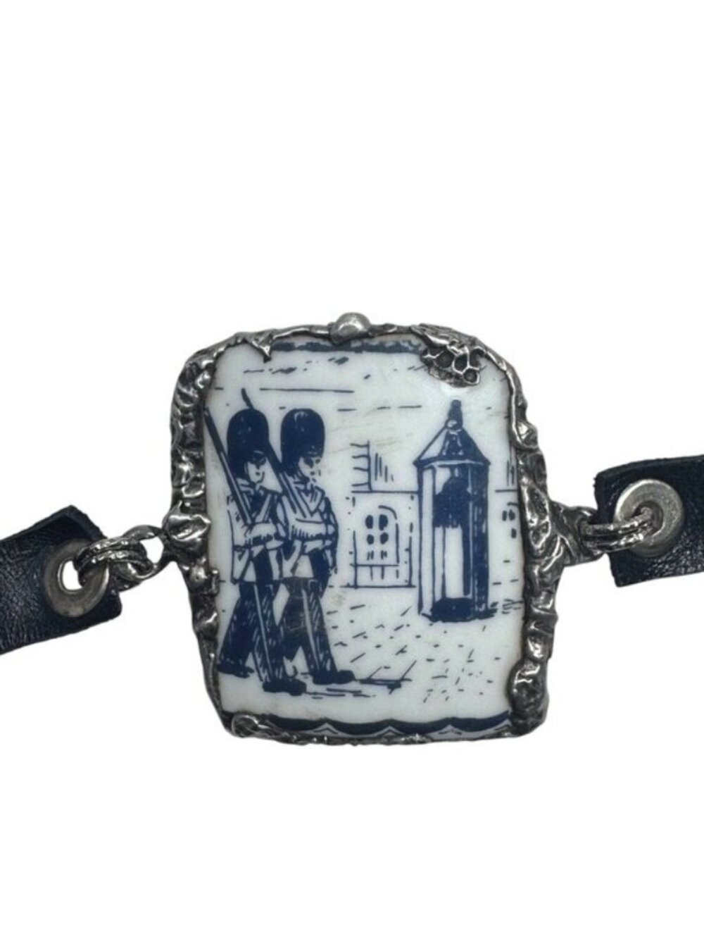 Blue Willow Nutcracker China Leather Bracelet With Silver Blend Bezel Artisanal - Picture 4 of 16